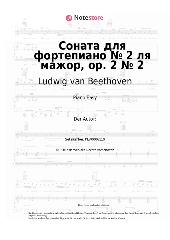 Einfache Noten Ludwig van Beethoven - Sonata for piano number 2 in A major, op. 2 number 2 - Klavier.Einfach