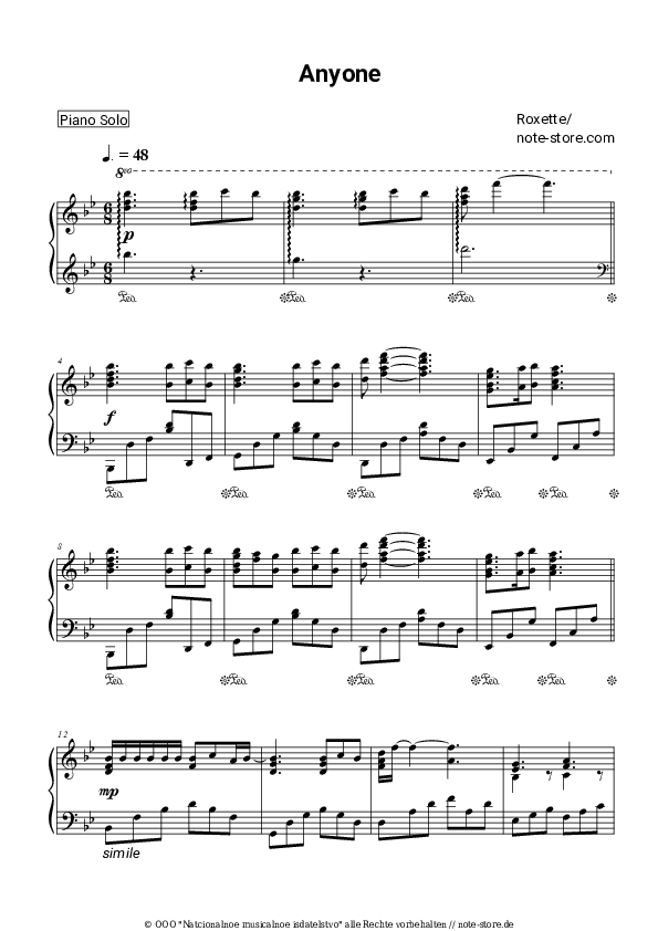 Noten Roxette - Anyone - Klavier.Solo