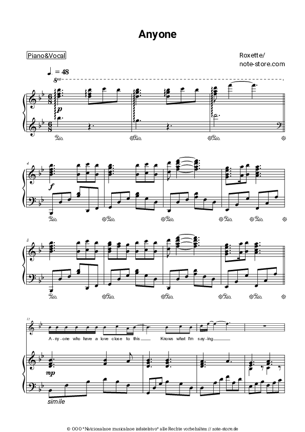 Noten mit Gesang Roxette - Anyone - Klavier&Gesang