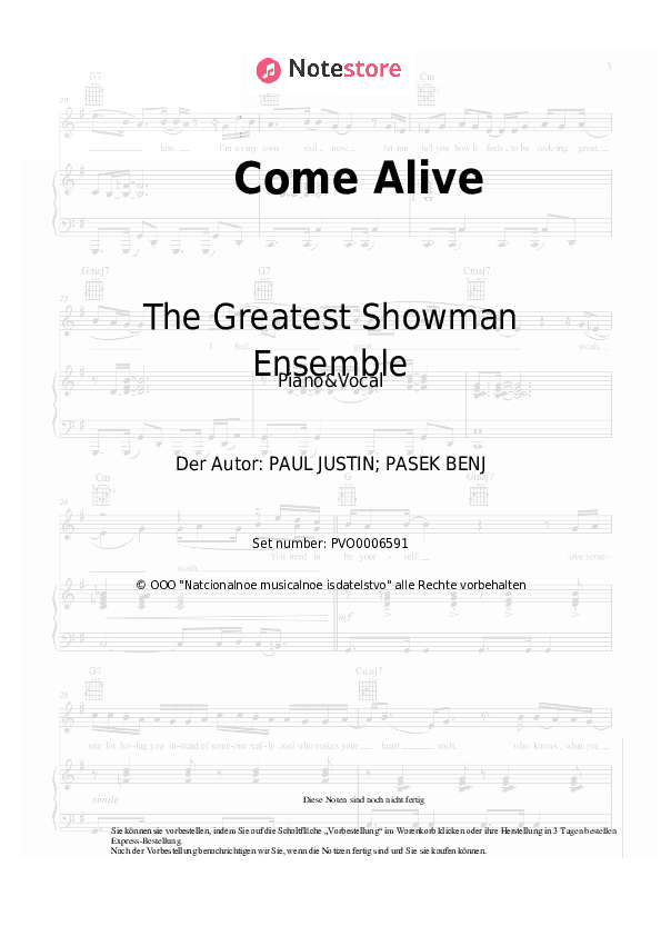 Noten mit Gesang The Greatest Showman Ensemble, Hugh Jackman - Come Alive - Klavier&Gesang