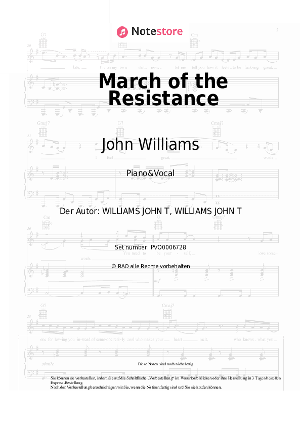 Noten mit Gesang John Williams - March of the Resistance - Klavier&Gesang