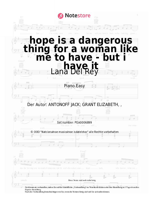 Einfache Noten Lana Del Rey - hope is a dangerous thing for a woman like me to have - but i have it - Klavier.Einfach