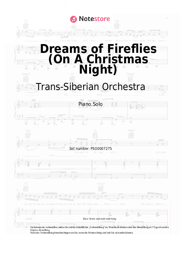 Noten Trans-Siberian Orchestra - Dreams of Fireflies (On A Christmas Night) - Klavier.Solo