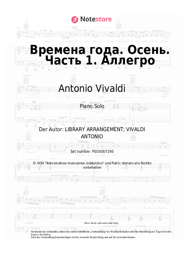 Noten Antonio Vivaldi - 4 Seasons. Autumn, movement 1: Allegro - Klavier.Solo