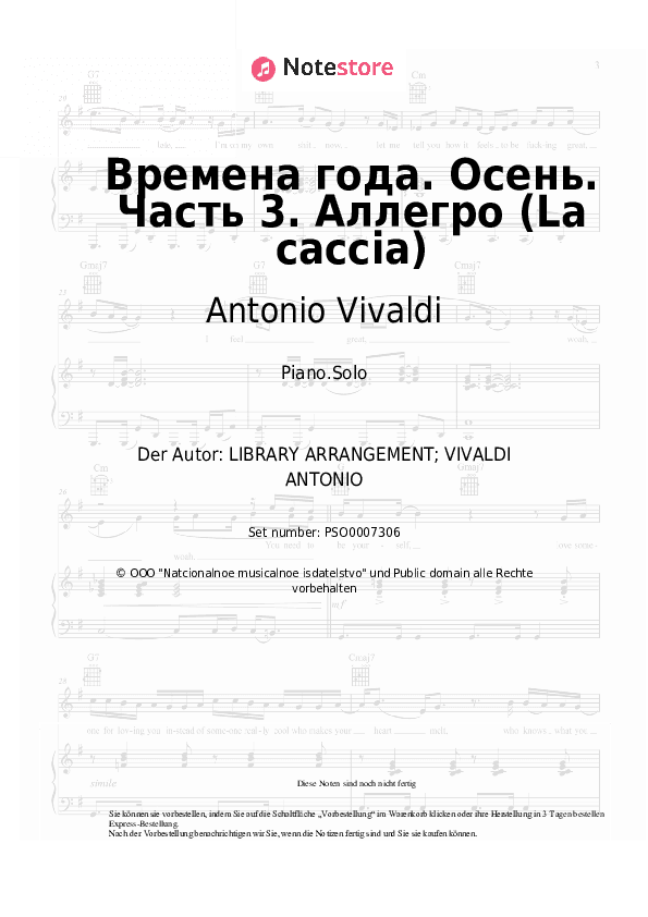 Noten Antonio Vivaldi - 4 Seasons. Autumn, movement 3: Allegro - Klavier.Solo