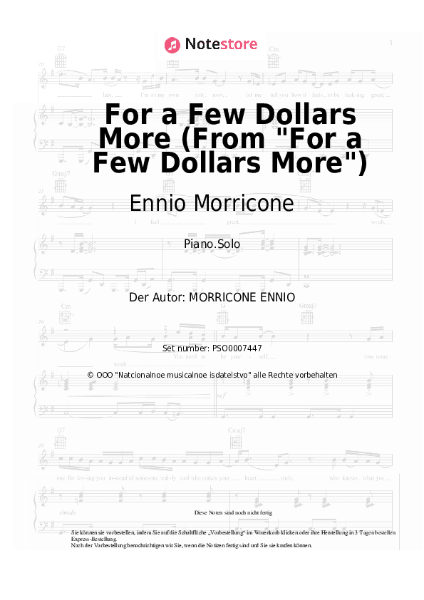 Noten Ennio Morricone - For a Few Dollars More (From For a Few Dollars More) - Klavier.Solo