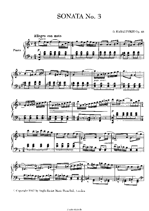 Noten Dmitry Kabalevsky - Piano Sonata No. 3 in F Major, Op. 46 - Klavier.Solo