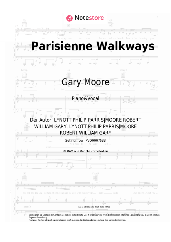 Noten mit Gesang Gary Moore - Parisienne Walkways - Klavier&Gesang