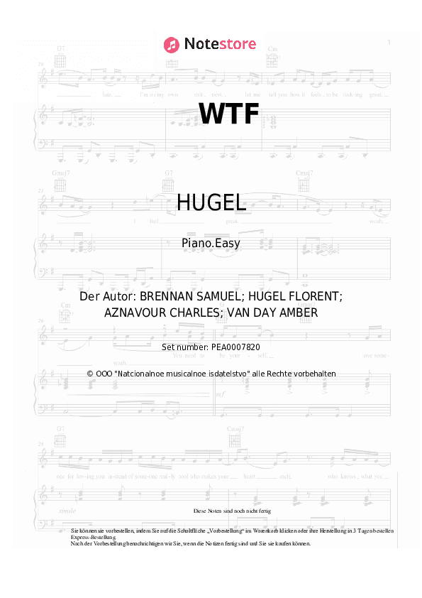 Einfache Noten HUGEL, Amber Van Day - WTF - Klavier.Einfach