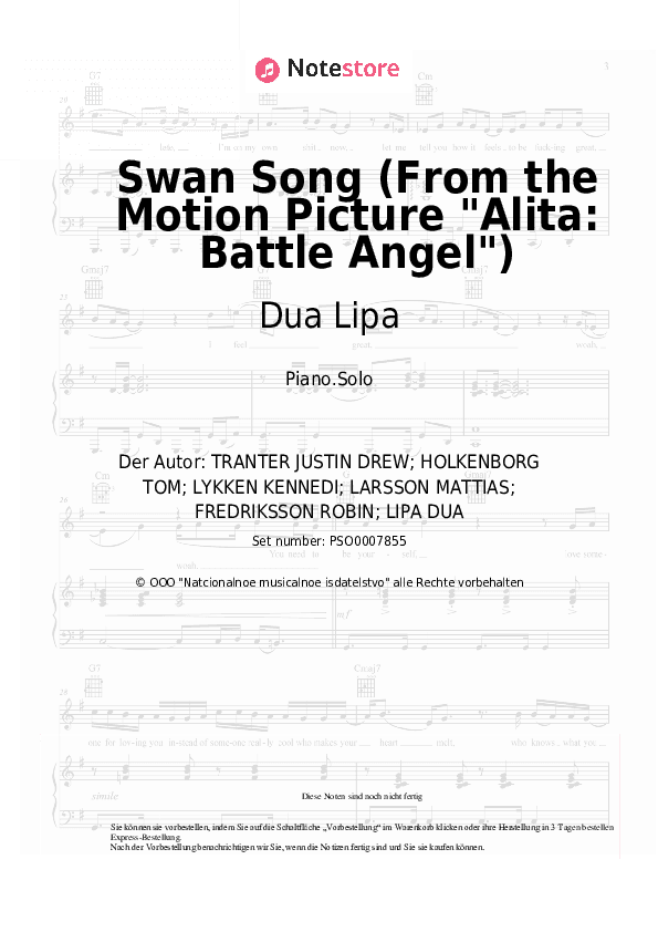 Noten Dua Lipa - Swan Song (From the Motion Picture Alita: Battle Angel) - Klavier.Solo
