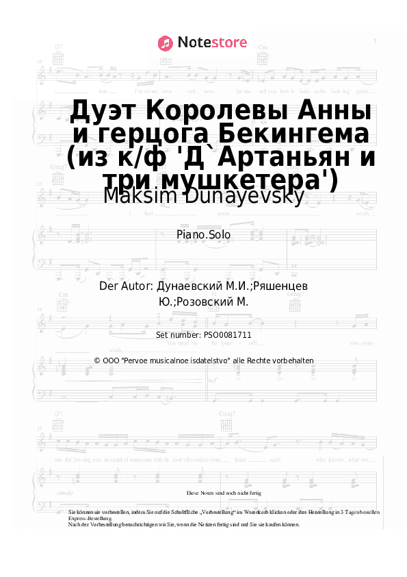 Noten Maksim Dunayevsky - Дуэт Королевы Анны и герцога Бекингема (из к/ф 'Д`Артаньян и три мушкетера') - Klavier.Solo