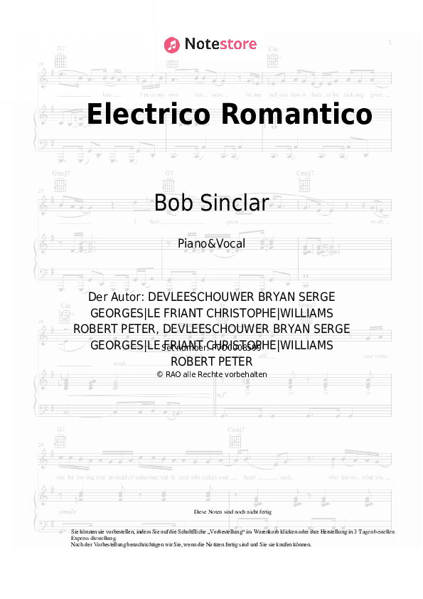 Noten mit Gesang Bob Sinclar, Robbie Williams - Electrico Romantico - Klavier&Gesang
