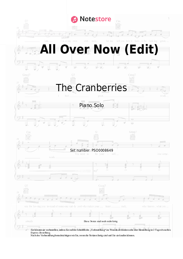 Noten The Cranberries - All Over Now (Edit) - Klavier.Solo