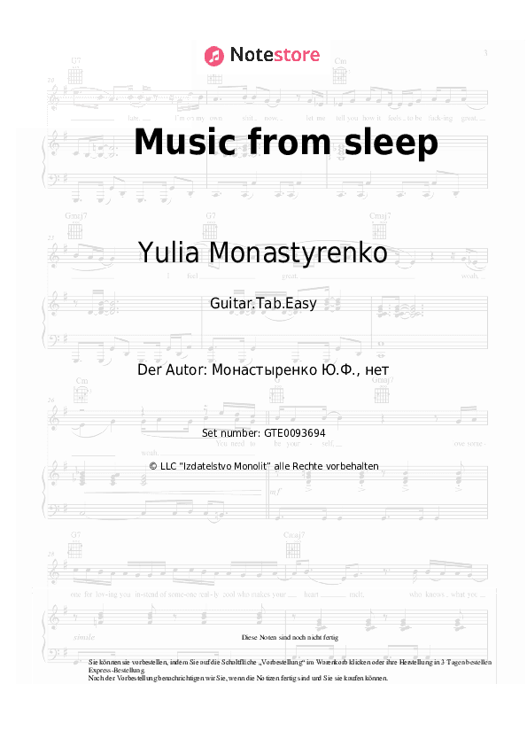 Einfache Tabs Yulia Monastyrenko - Music from sleep - Gitarre.Tabs.Easy