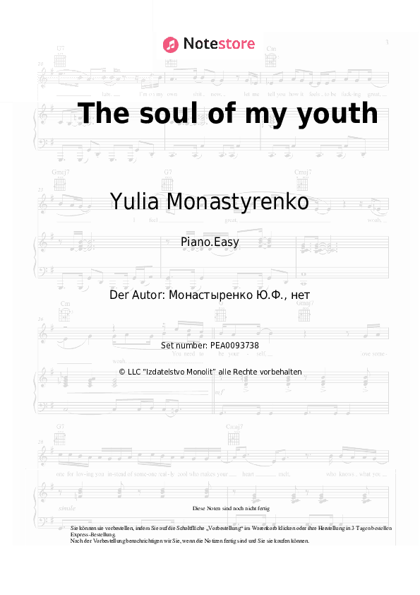 Einfache Noten Yulia Monastyrenko - The soul of my youth - Klavier.Einfach