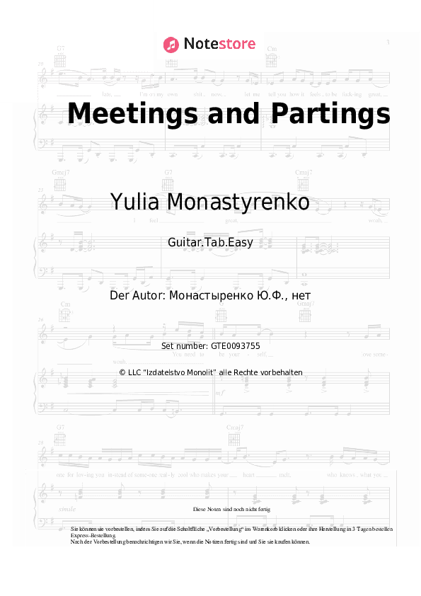 Einfache Tabs Yulia Monastyrenko - Meetings and Partings - Gitarre.Tabs.Easy
