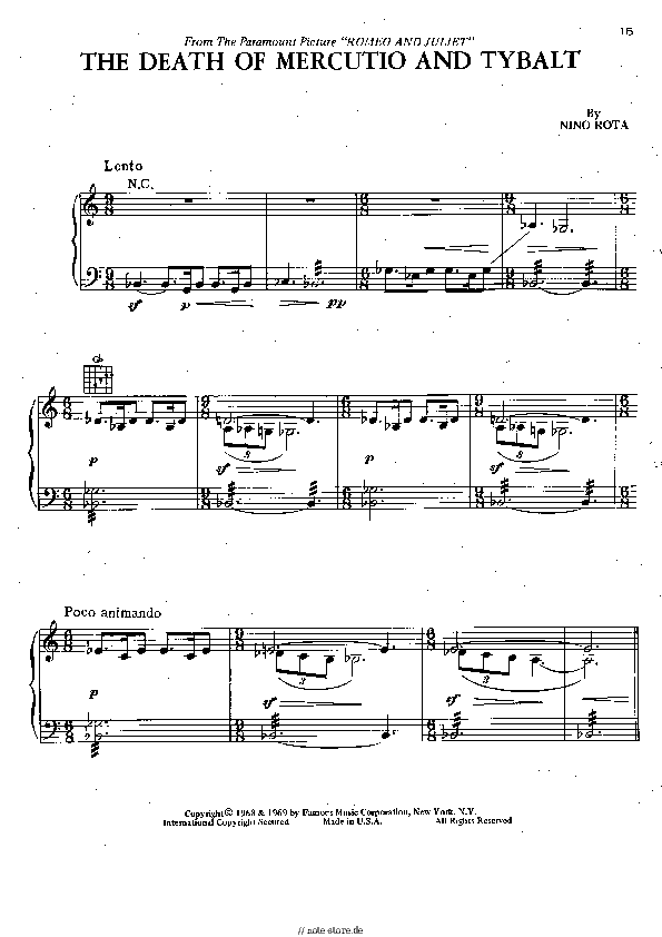 Noten Nino Rota - The Death of Mercutio and Tybalt - Klavier.Solo