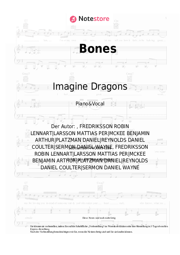 Noten mit Gesang Imagine Dragons - Bones - Klavier&Gesang