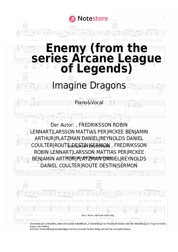 Noten mit Gesang Imagine Dragons - Enemy (from the series Arcane League of Legends) - Klavier&Gesang