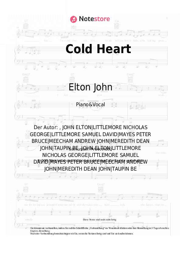 Noten mit Gesang Elton John, Dua Lipa - Cold Heart - Klavier&Gesang