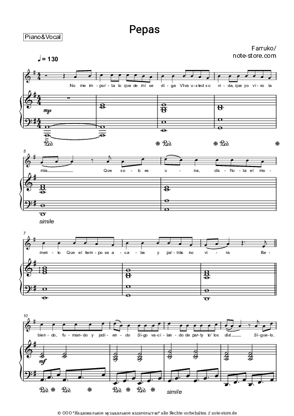 Noten mit Gesang Farruko - Pepas - Klavier&Gesang