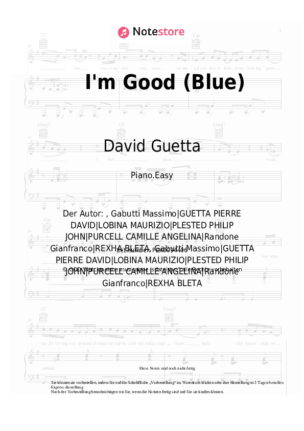 Einfache Noten David Guetta, Bebe Rexha - I'm Good (Blue) - Klavier.Einfach