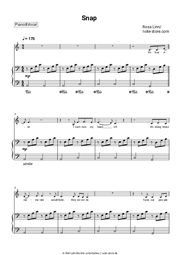 Noten mit Gesang Rosa Linn - SNAP - Klavier&Gesang