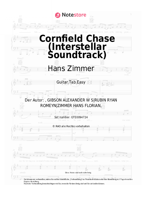 Einfache Tabs Hans Zimmer - Cornfield Chase (Interstellar Soundtrack) - Gitarre.Tabs.Easy