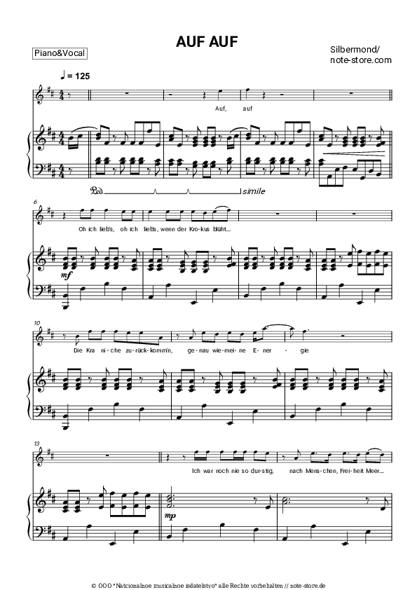 Noten mit Gesang Silbermond - AUF AUF - Klavier&Gesang