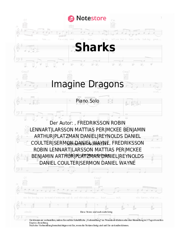 Noten Imagine Dragons - Sharks - Klavier.Solo