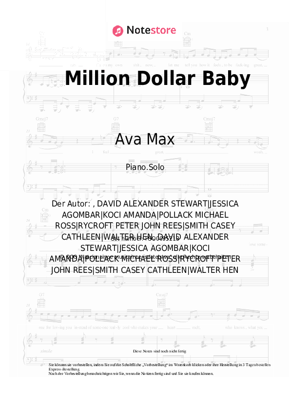 Noten Ava Max - Million Dollar Baby - Klavier.Solo