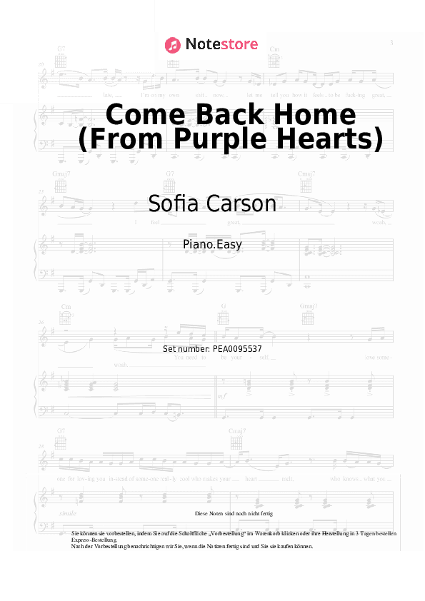 Einfache Noten Sofia Carson - Come Back Home (From Purple Hearts) - Klavier.Einfach