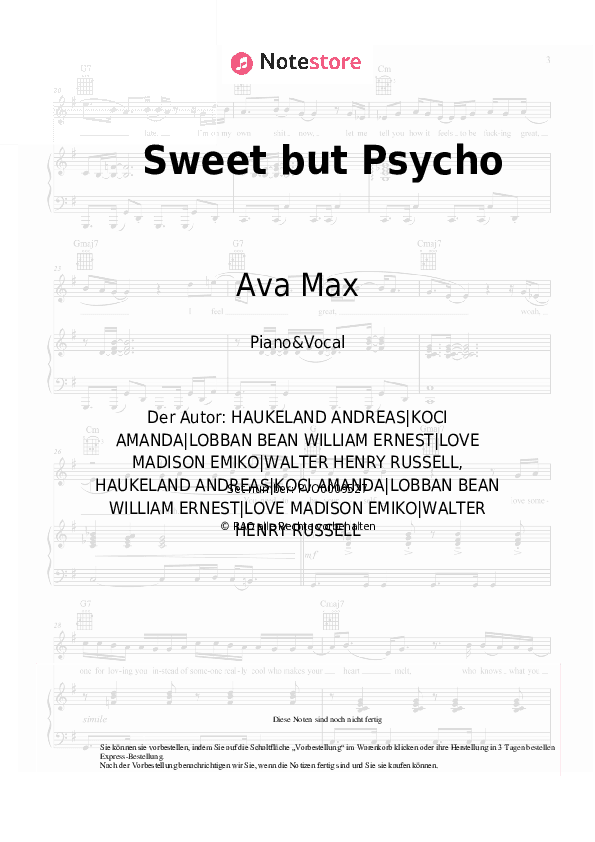 Noten mit Gesang Ava Max - Sweet but Psycho - Klavier&Gesang