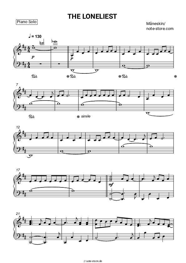 Noten Måneskin - THE LONELIEST - Klavier.Solo