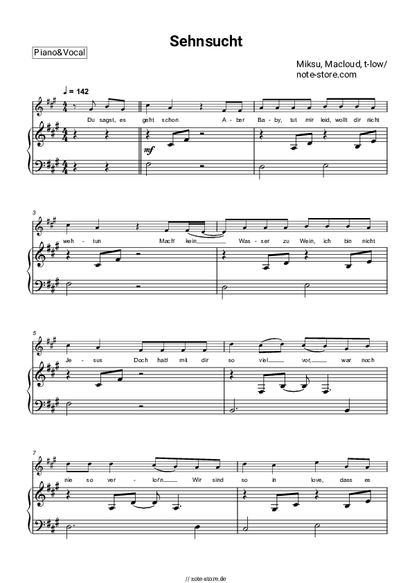 Noten mit Gesang Miksu, Macloud, t-low - Sehnsucht - Klavier&Gesang