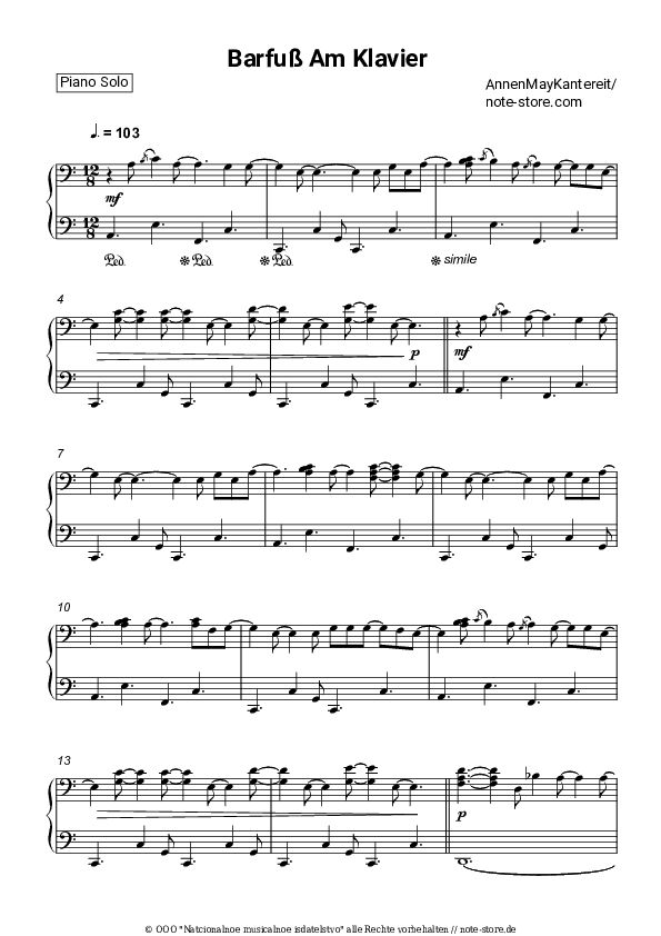Noten AnnenMayKantereit - Barfuß Am Klavier - Klavier.Solo