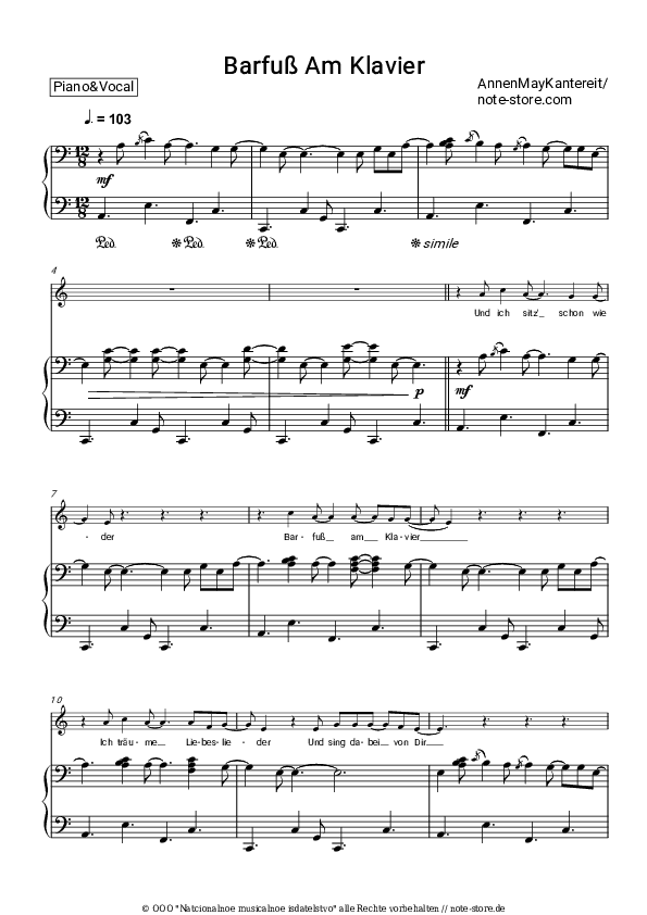 Noten mit Gesang AnnenMayKantereit - Barfuß Am Klavier - Klavier&Gesang