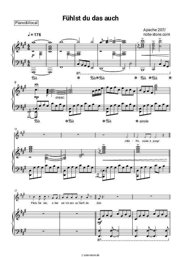 Noten mit Gesang Apache 207 - Fühlst du das auch - Klavier&Gesang