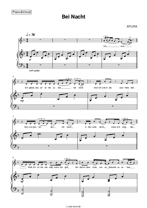 Noten mit Gesang AYLIVA - Bei Nacht - Klavier&Gesang
