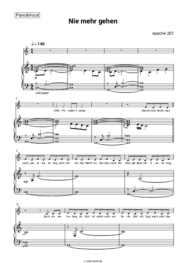 Noten mit Gesang Apache 207 - Nie mehr gehen - Klavier&Gesang