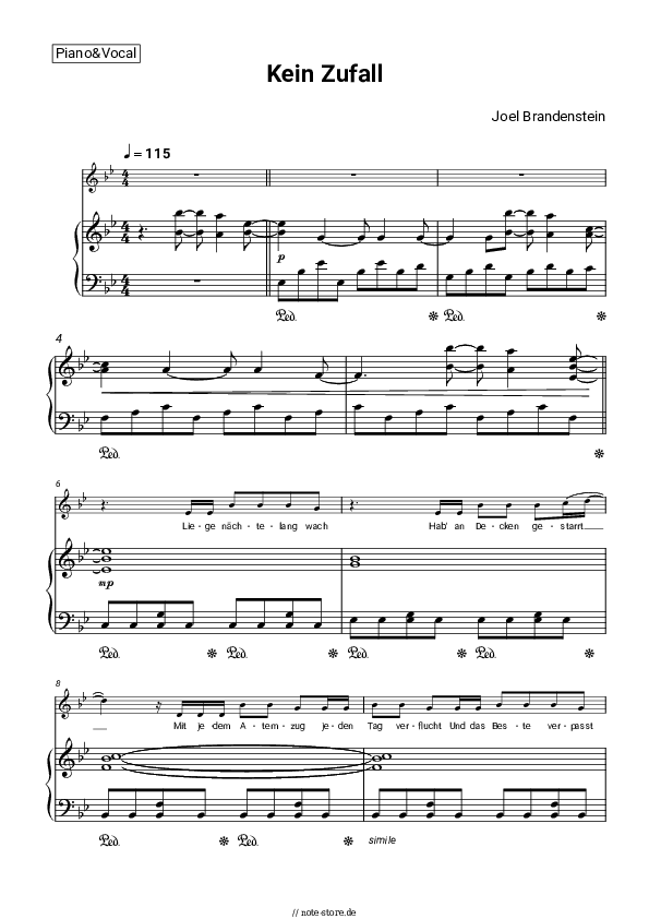 Noten mit Gesang Joel Brandenstein - Kein Zufall - Klavier&Gesang