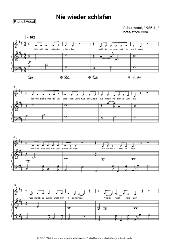 Noten mit Gesang Silbermond, 1986zig - Nie wieder schlafen - Klavier&Gesang