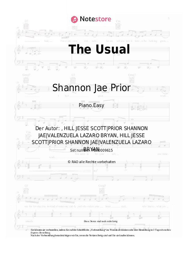 Einfache Noten Shannon Jae Prior, Jesse Scott - The Usual - Klavier.Einfach
