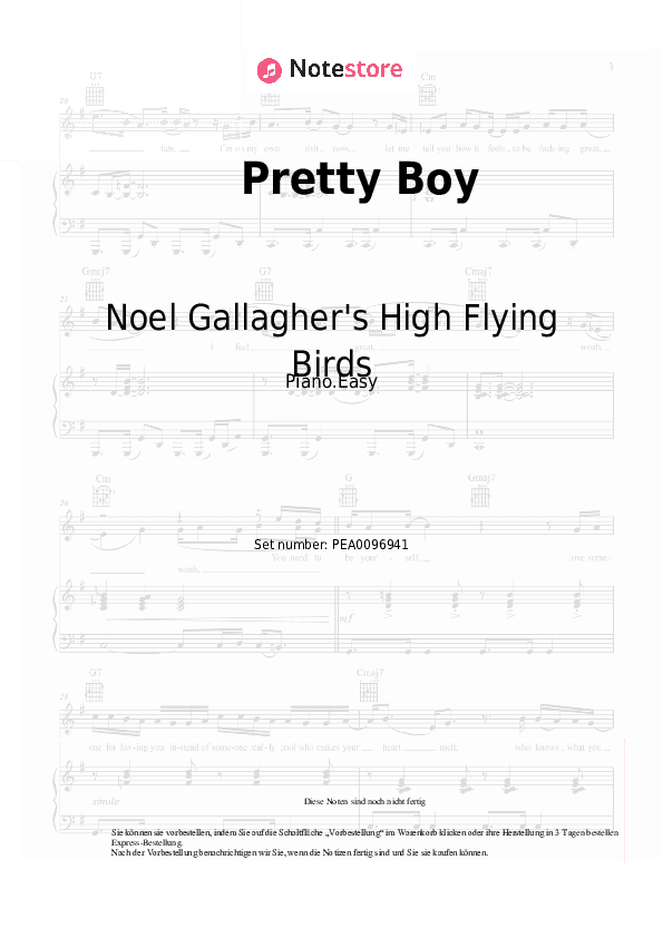 Einfache Noten Noel Gallagher's High Flying Birds - Pretty Boy - Klavier.Einfach
