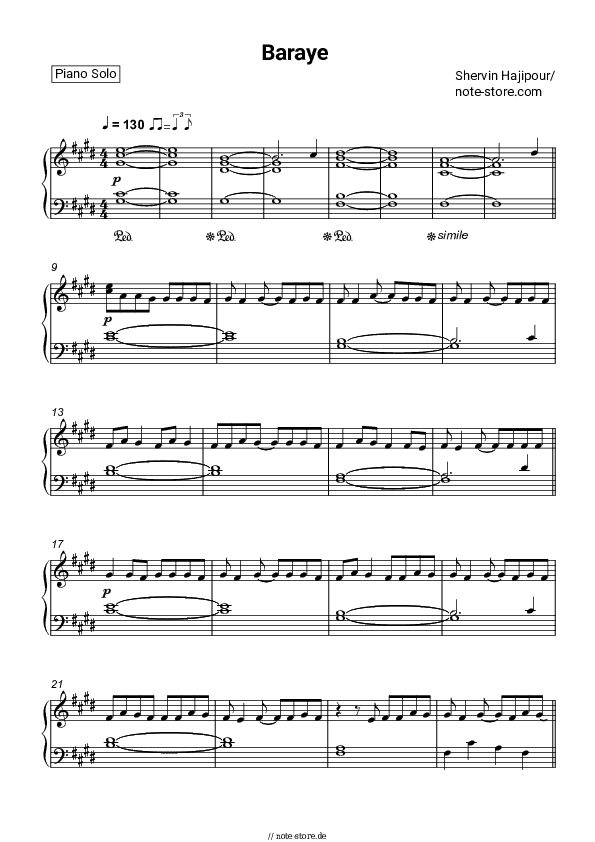 Noten Shervin Hajipour - Baraye - Klavier.Solo