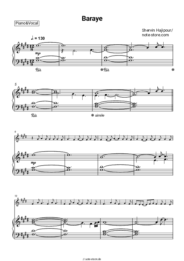 Noten mit Gesang Shervin Hajipour - Baraye - Klavier&Gesang