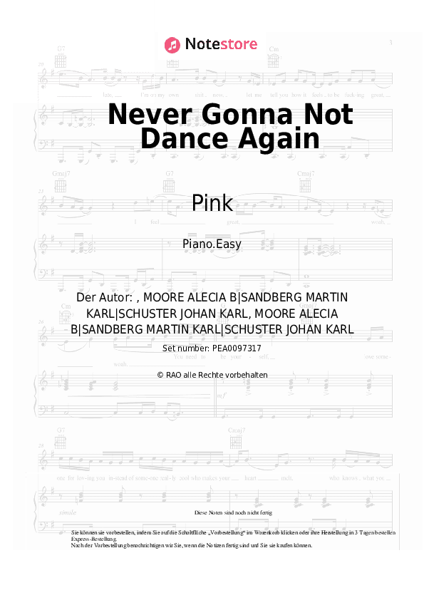 Einfache Noten Pink - Never Gonna Not Dance Again - Klavier.Einfach
