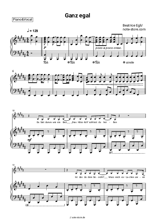 Noten mit Gesang Beatrice Egli - Ganz egal - Klavier&Gesang