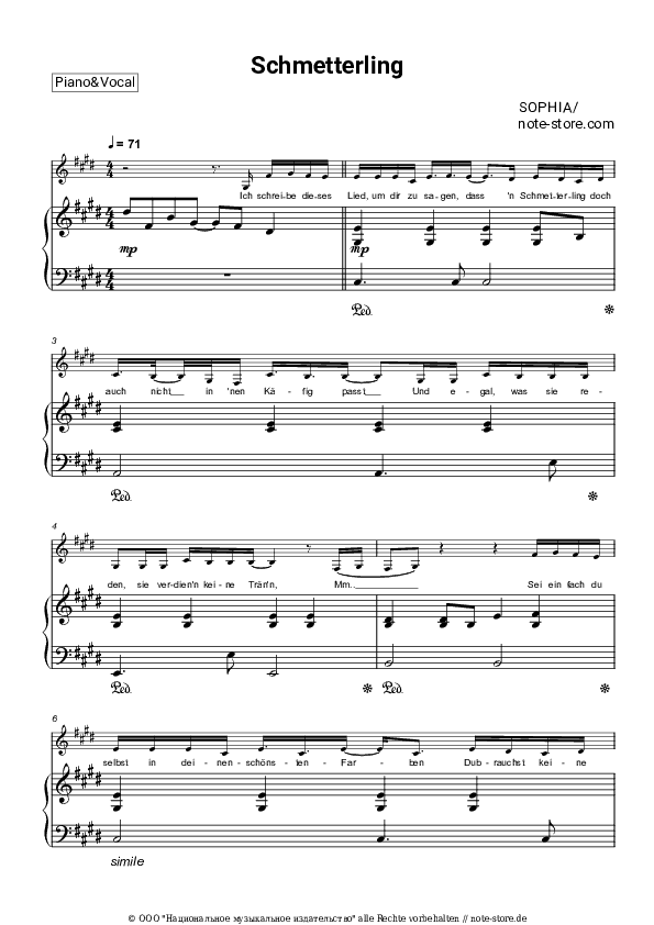 Noten mit Gesang SOPHIA - Schmetterling - Klavier&Gesang