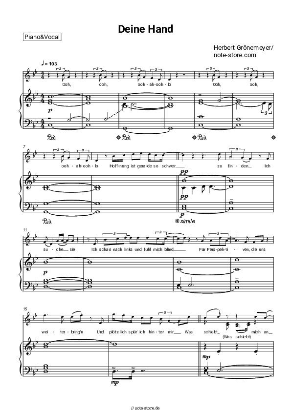 Noten mit Gesang Herbert Grönemeyer - Deine Hand - Klavier&Gesang